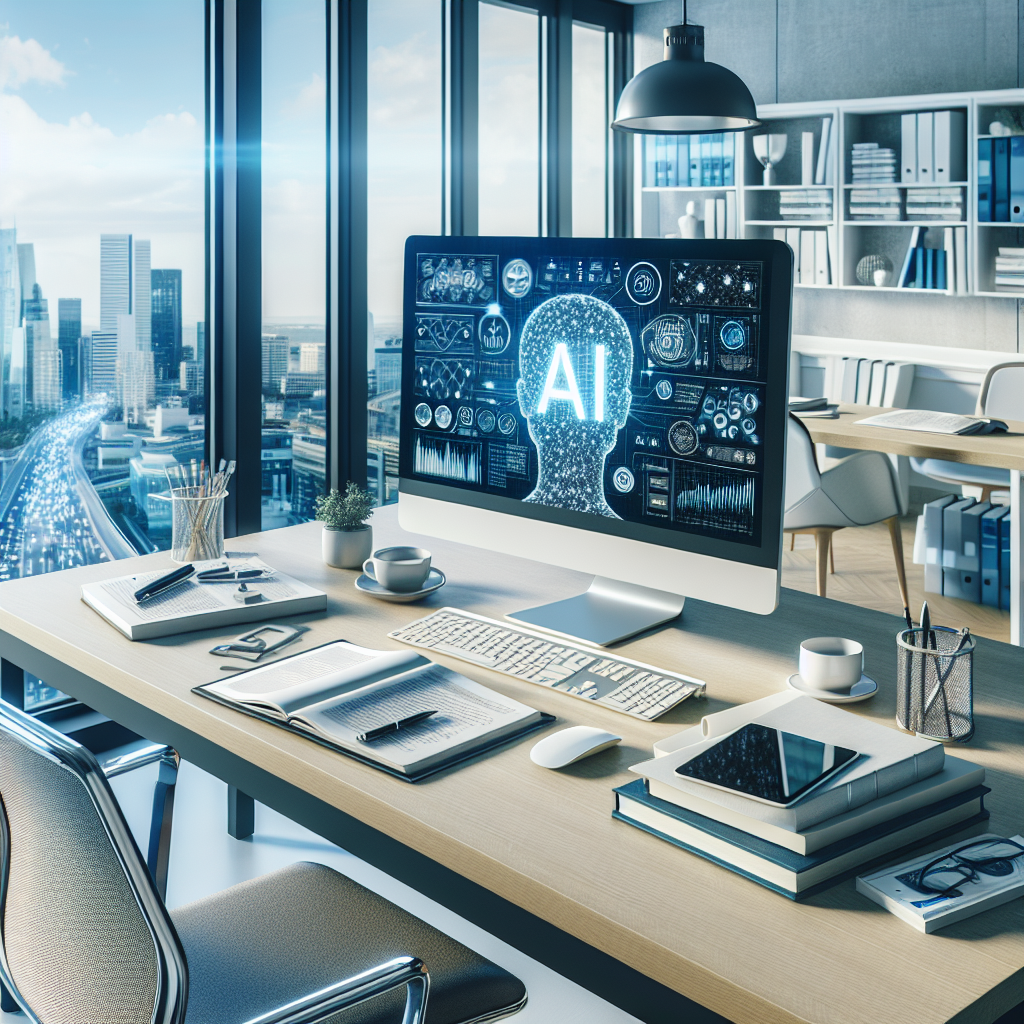 A modern office workspace featuring a desktop computer displaying an AI interface, surrounded by notebooks, pens, a coffee cup, and a tablet. The office has a large window overlooking a cityscape with high-rise buildings and a highway.